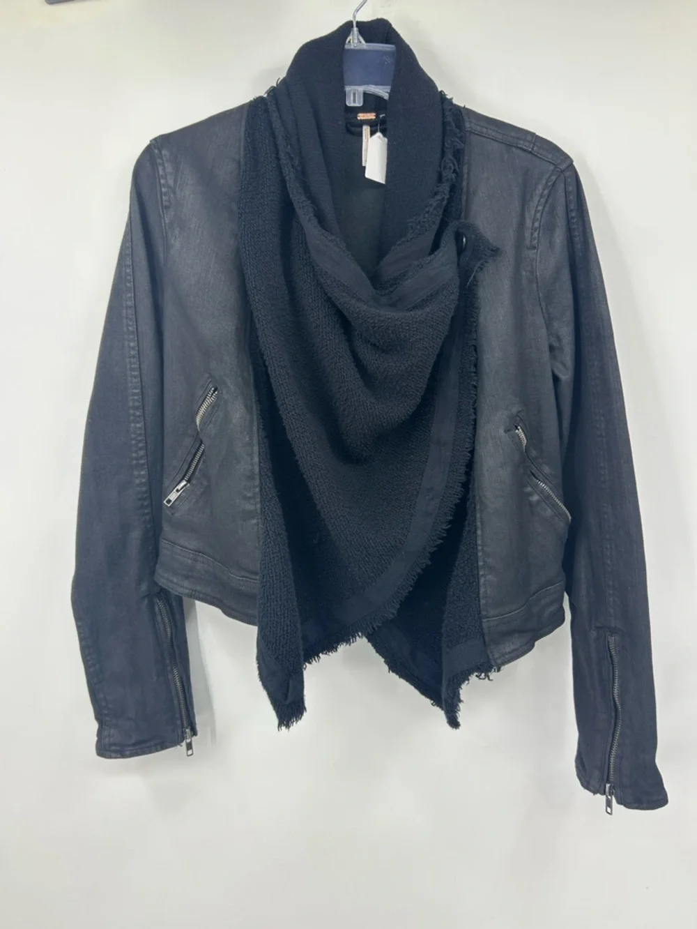 Free People Coated Black Moto Jacket Waterfall Drape Front Zip Cuffs Size 4